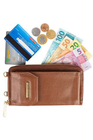 Carteira feminina de couro liso com alça Rafa 19x10,5cm - Enluaze - Bolsas, Mochilas e Acessórios em Couro Legítimo