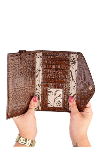 Carteira feminina de couro croco Clara 10,5x19cm - Enluaze - Bolsas, Mochilas e Acessórios em Couro Legítimo