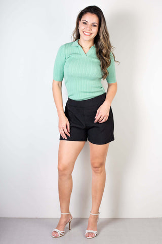 Blusa de malha feminina manga curta gola polo 61584 - Enluaze - Vestuário e Acessórios em Couro Legítimo