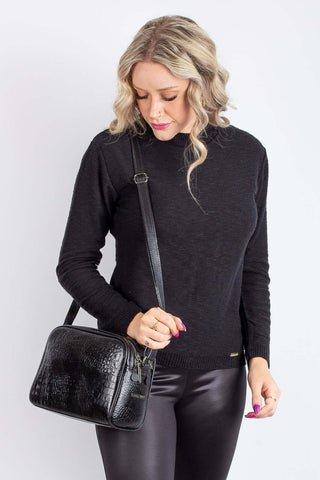Bolsa quadrada de couro croco grafite Daiana - Enluaze - Bolsas, Mochilas e Acessórios em Couro Legítimo
