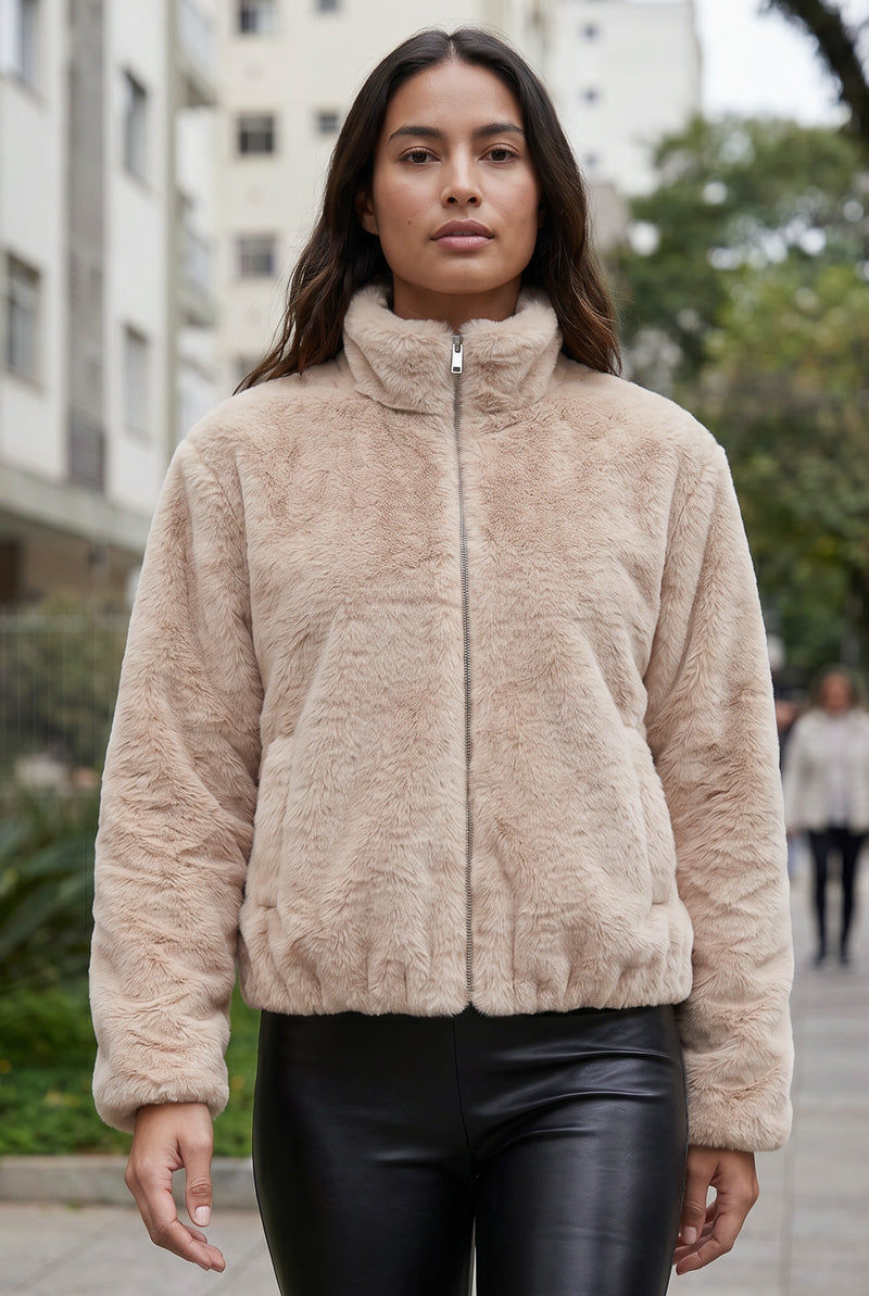 Jaqueta bomber feminina de pelúcia gola alta 61250