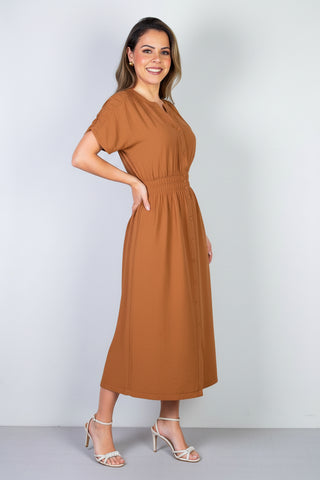 Vestido midi manga curta botões e elástico 51133