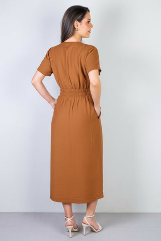 Vestido midi manga curta botões e elástico 51133