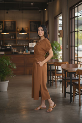 Vestido midi manga curta botões e elástico 51133