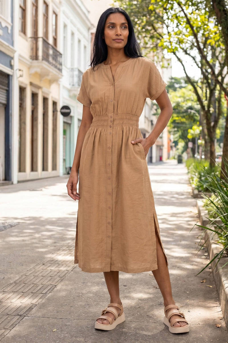 Vestido midi manga curta botões e elástico 51133