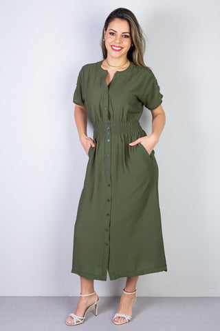 Vestido midi manga curta botões e elástico 51133