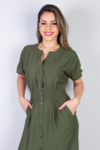 Vestido midi manga curta botões e elástico 51133