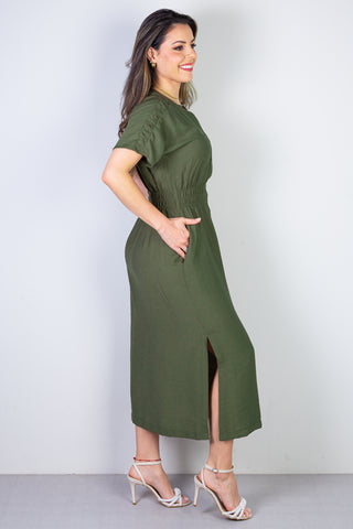 Vestido midi manga curta botões e elástico 51133