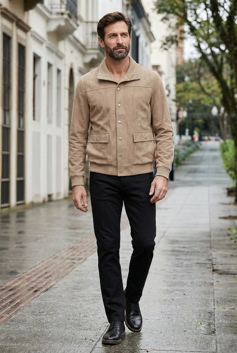 Jaqueta masculina suede com botões e bolsos 69390
