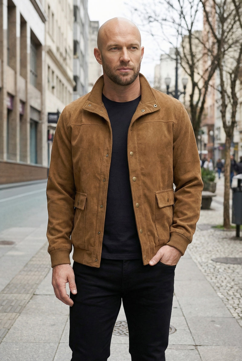 Jaqueta masculina suede com botões e bolsos 69390