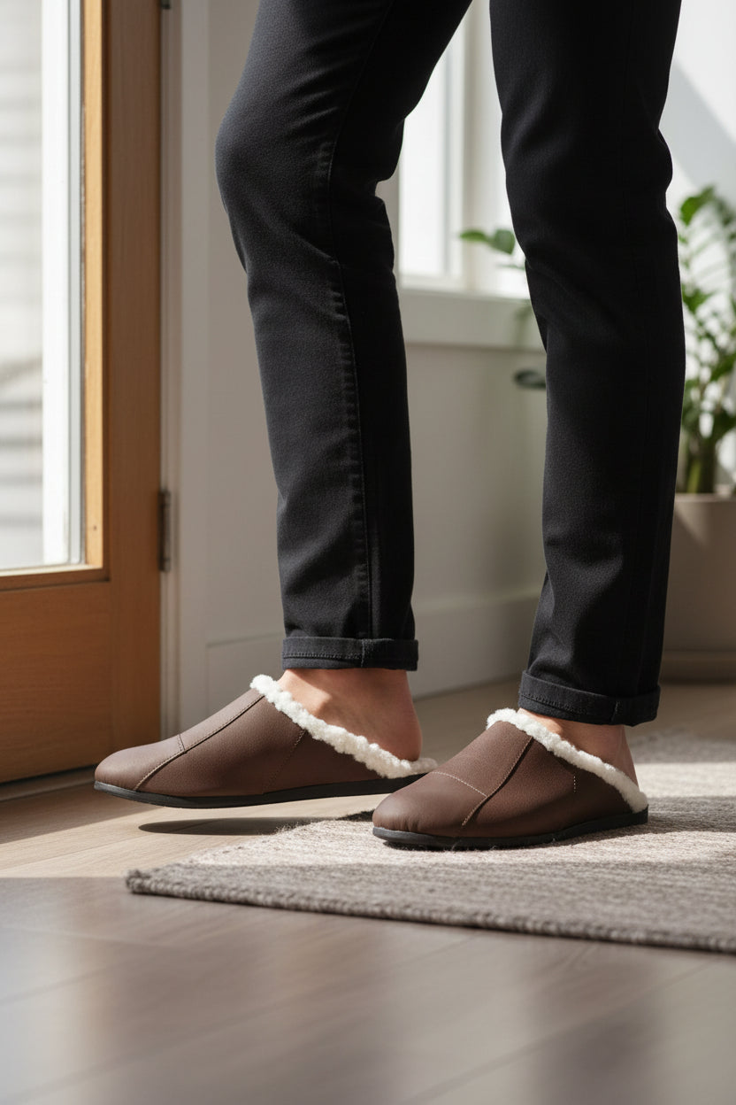 Chinelo pantufa em couro unissex forrada com pelo 6101