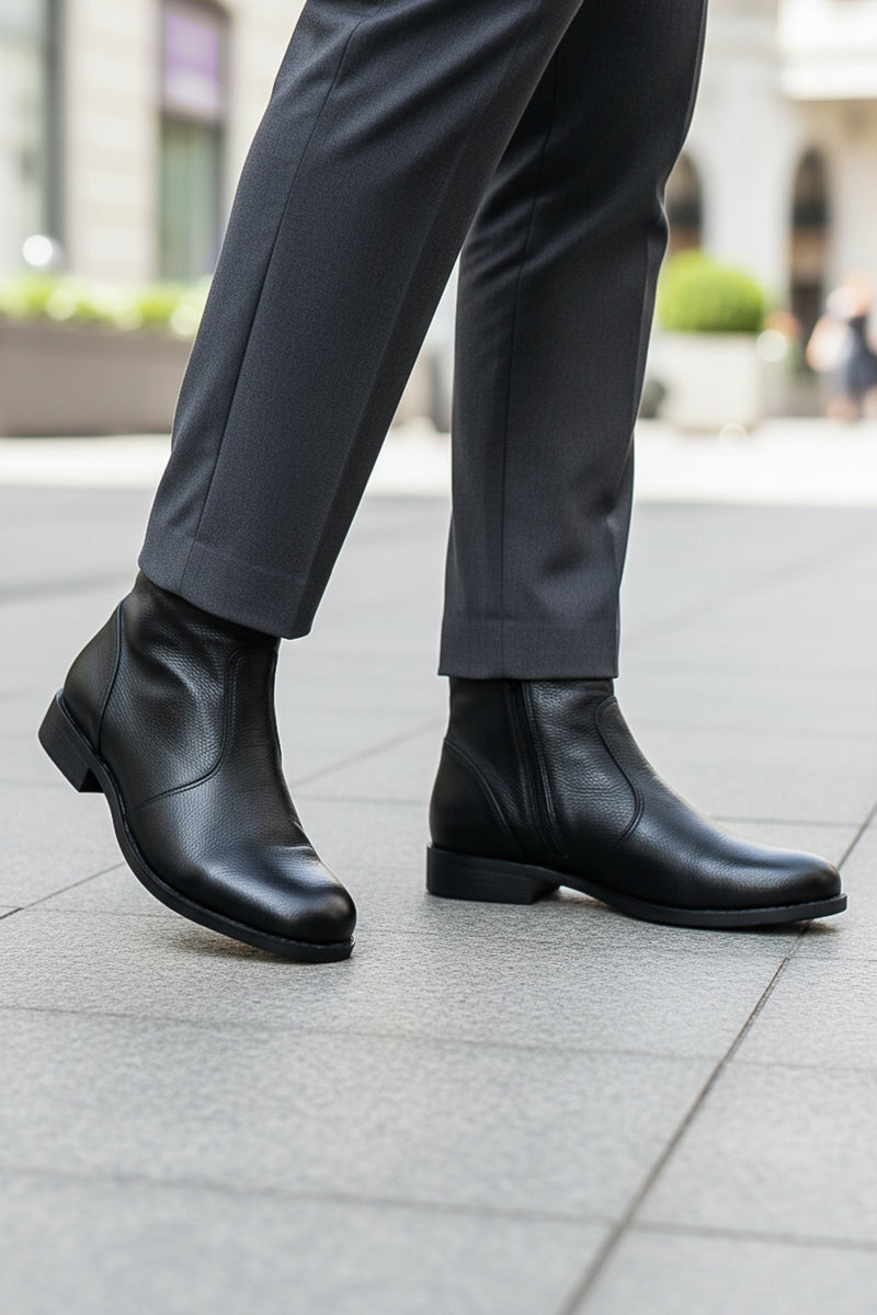 Bota cano curto em couro com zíper 0302