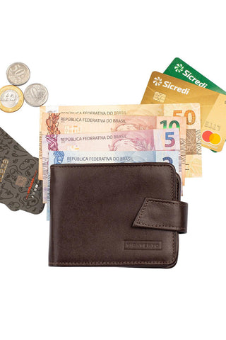 Carteira masculina de couro italiano com botão Dylan 9,5x11,5cm - Enluaze - Bolsas, Mochilas e Acessórios em Couro Legítimo