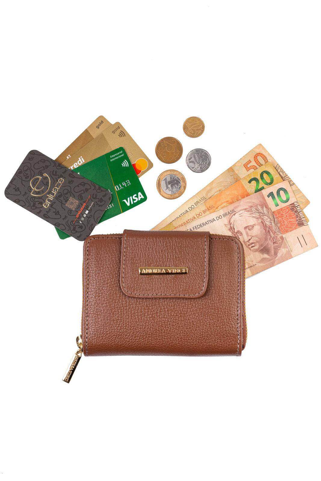 Carteira feminina de couro liso Lolla 10x13cm - Enluaze