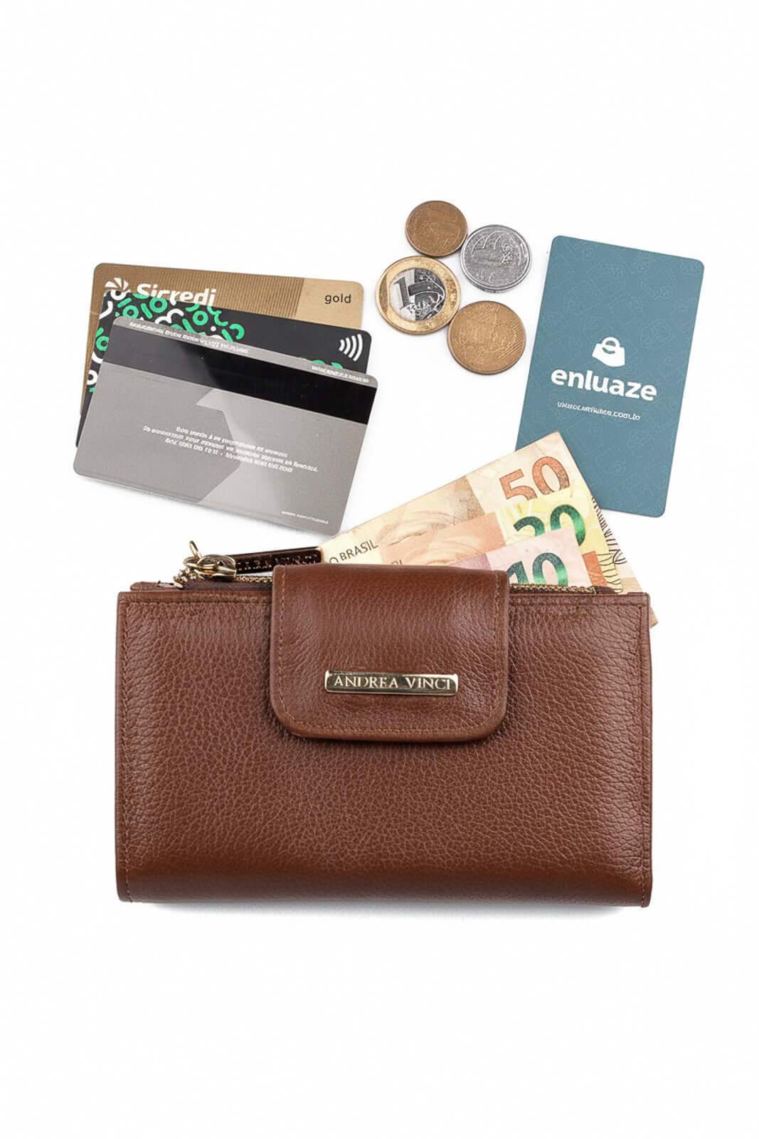 Carteira feminina de couro liso Lanna 10x15,5cm - Enluaze