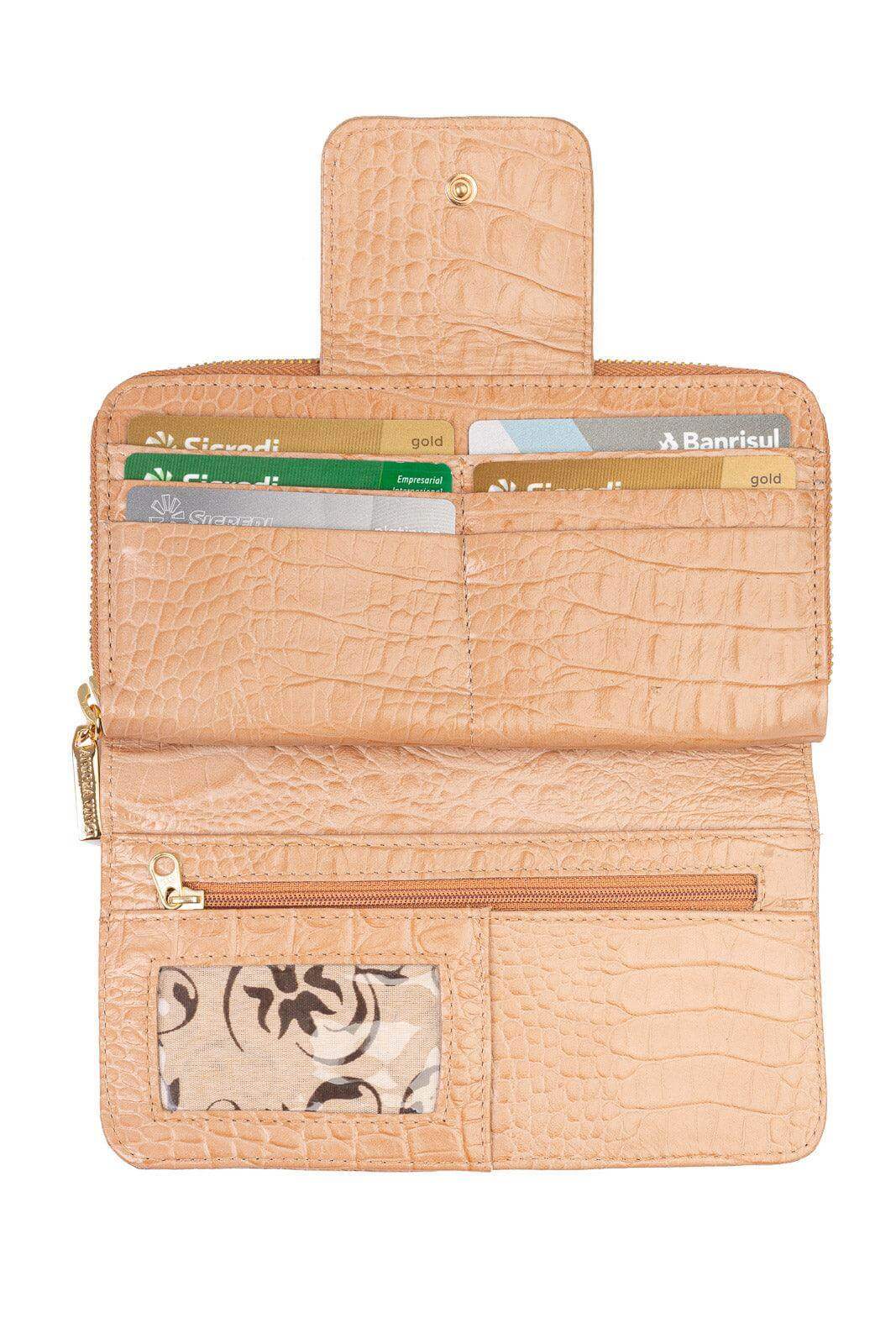 Carteira feminina de couro croco Cindy 9,5x19cm - Enluaze