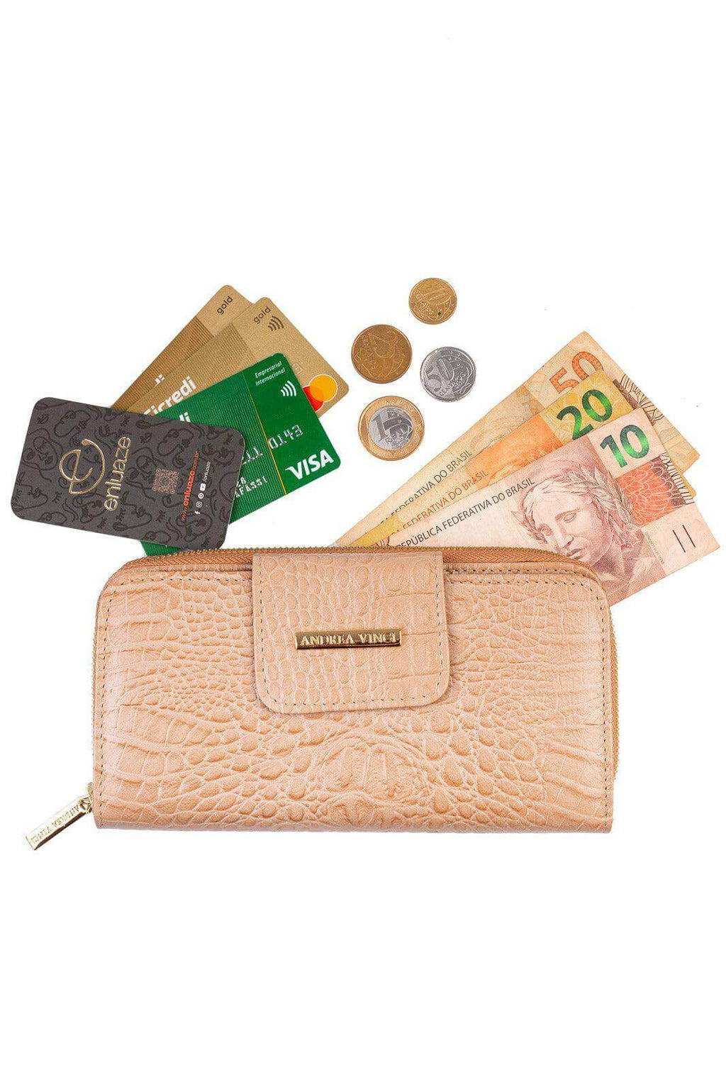 Carteira feminina de couro croco Cindy 9,5x19cm - Enluaze