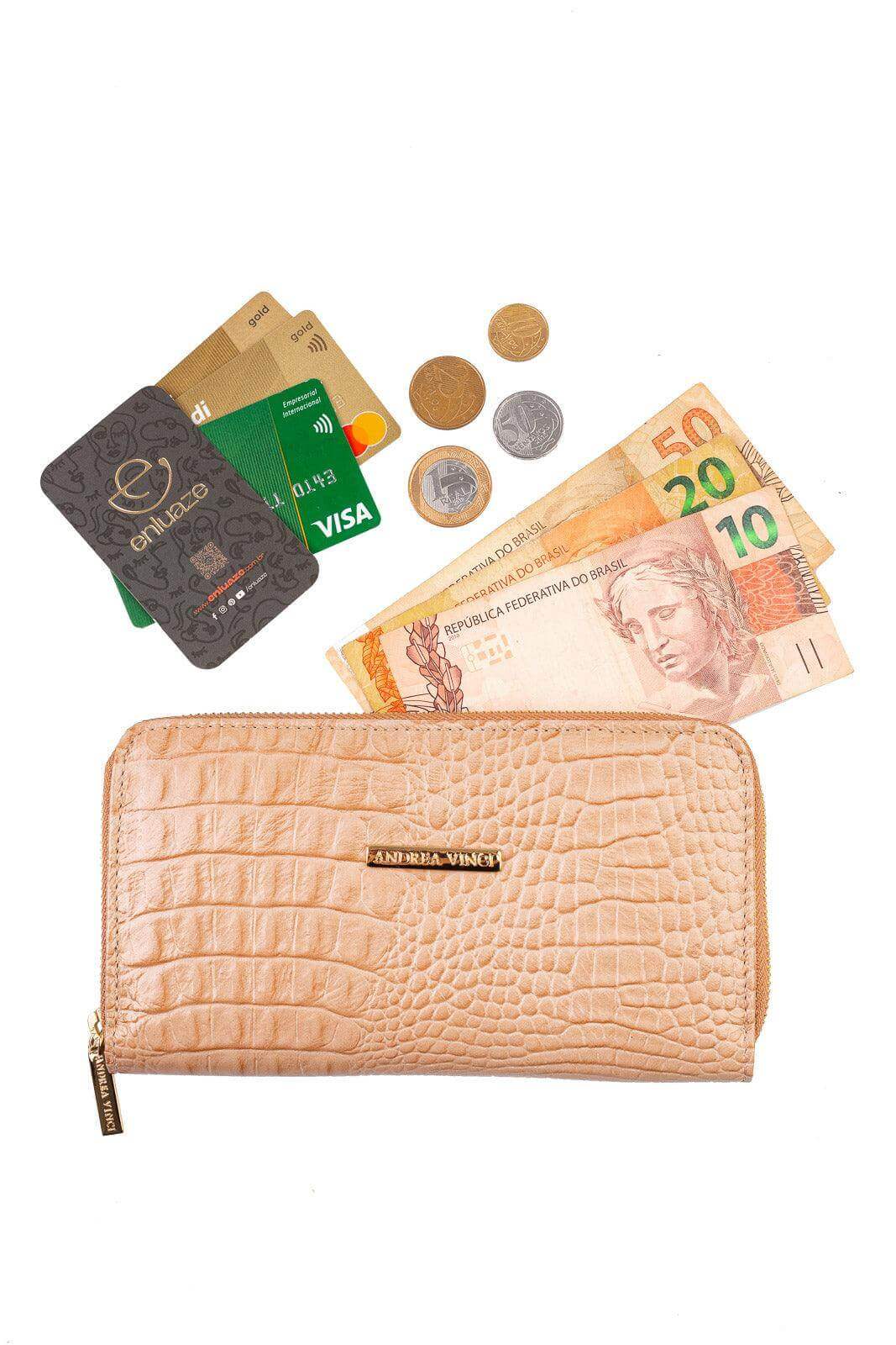 Carteira feminina de couro croco Tinna 10x19cm - Enluaze