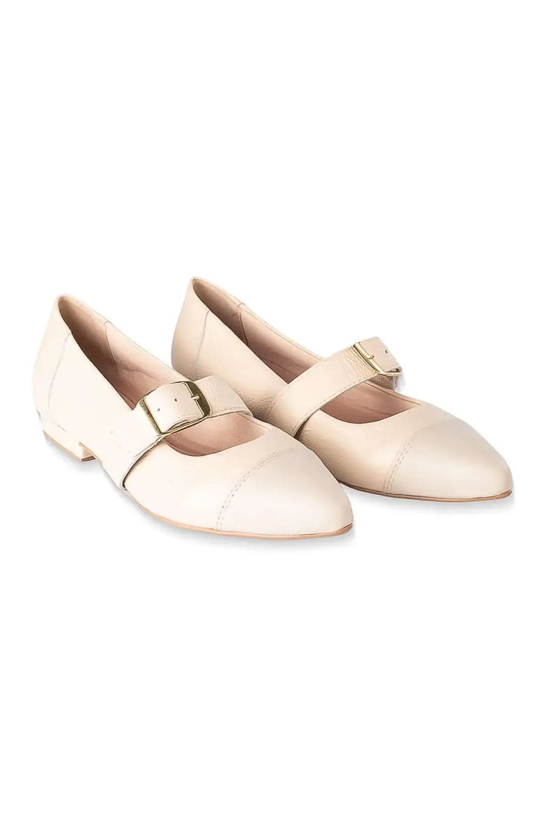 Sapatilha bico fino em couro com biqueira e fivela Flora - Enluaze
