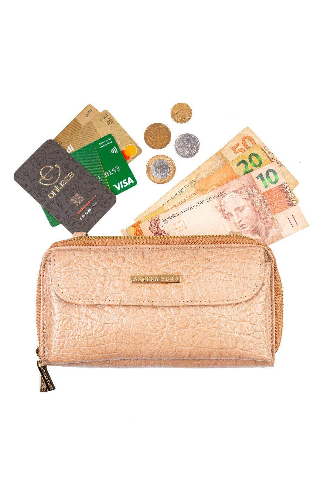 Carteira feminina de couro croco com alça Tania 10,5x19cm - Enluaze