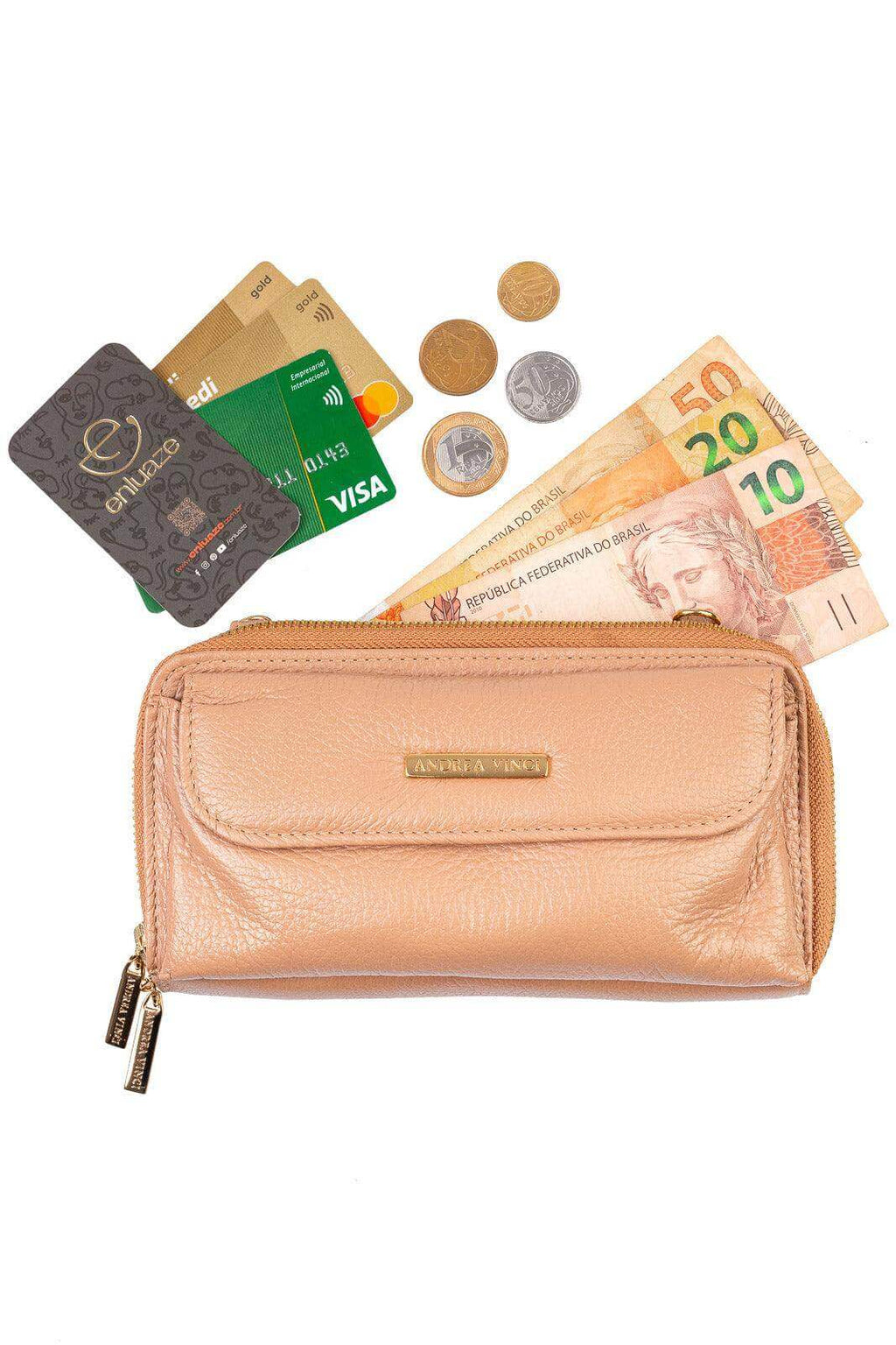 Carteira feminina de couro liso com alça Tania 10,5x19cm - Enluaze