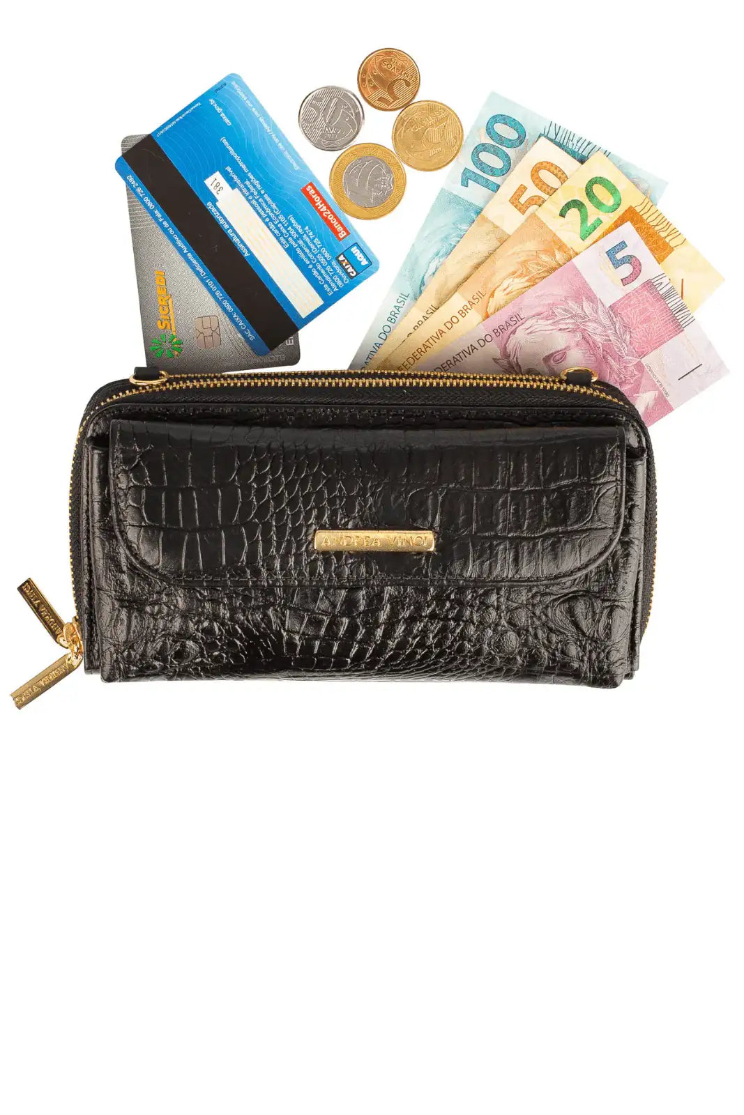 Carteira feminina de couro croco com alça Tania 10,5x19cm - Enluaze