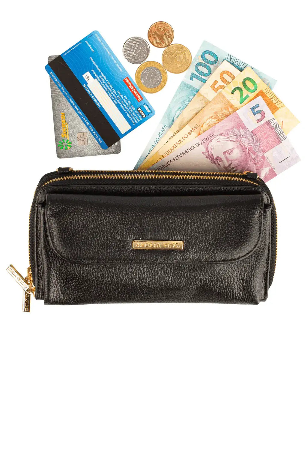 Carteira feminina de couro liso com alça Tania 10,5x19cm - Enluaze