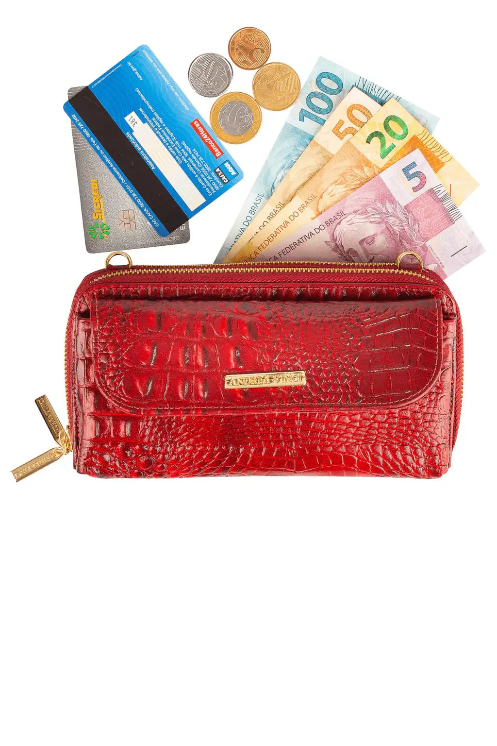 Carteira feminina de couro croco com alça Tania 10,5x19cm - Enluaze