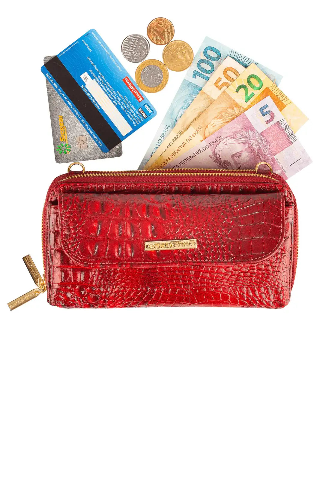 Carteira feminina de couro croco com alça Tania 10,5x19cm - Enluaze