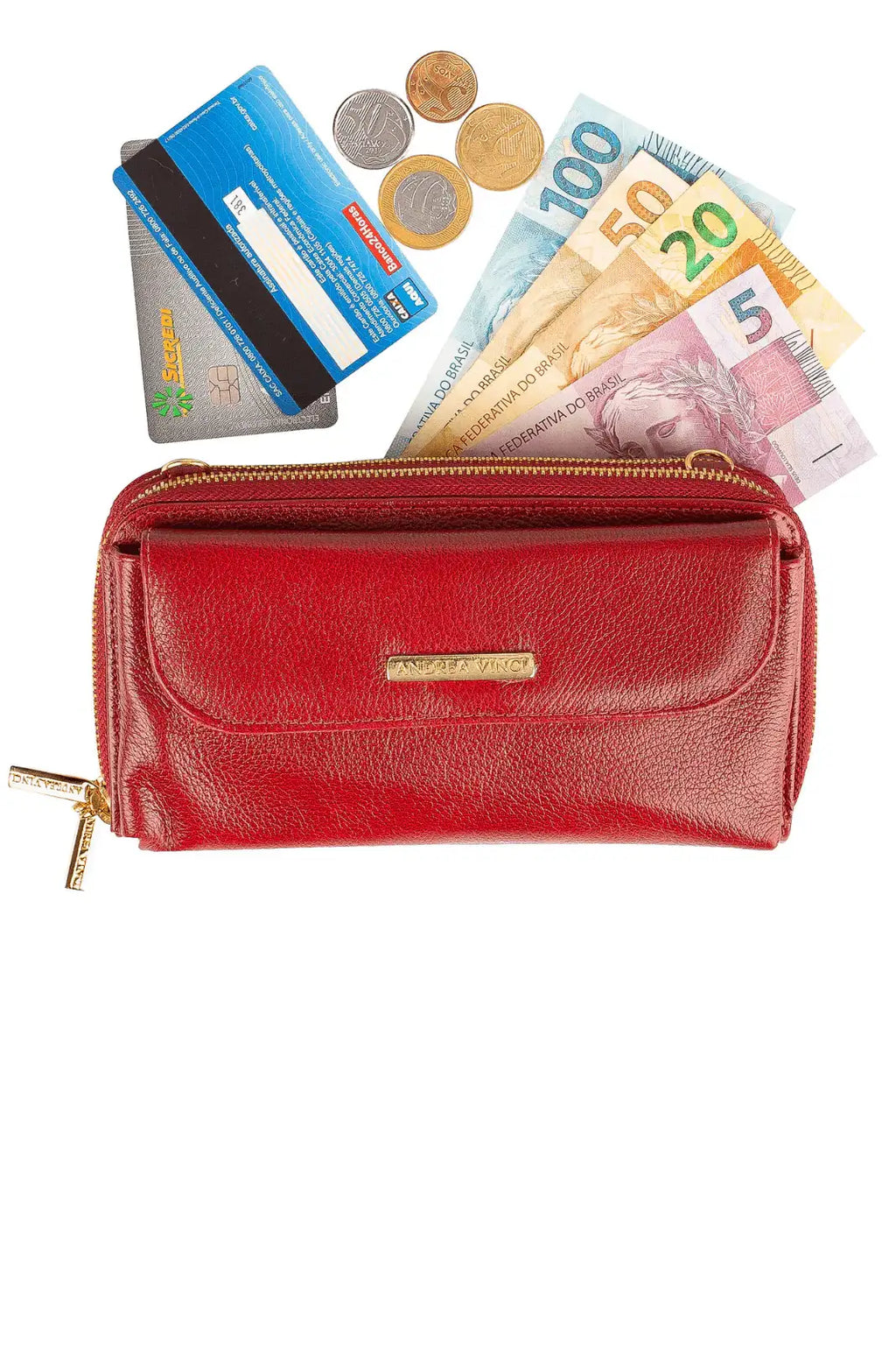 Carteira feminina de couro liso com alça Tania 10,5x19cm - Enluaze