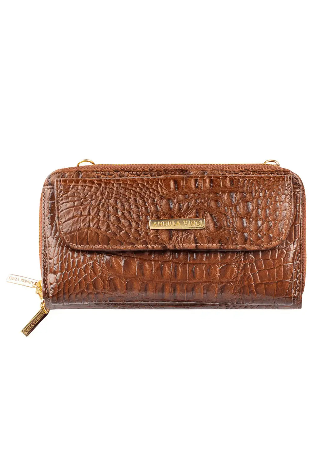 Carteira feminina de couro croco com alça Tania 10,5x19cm - Enluaze