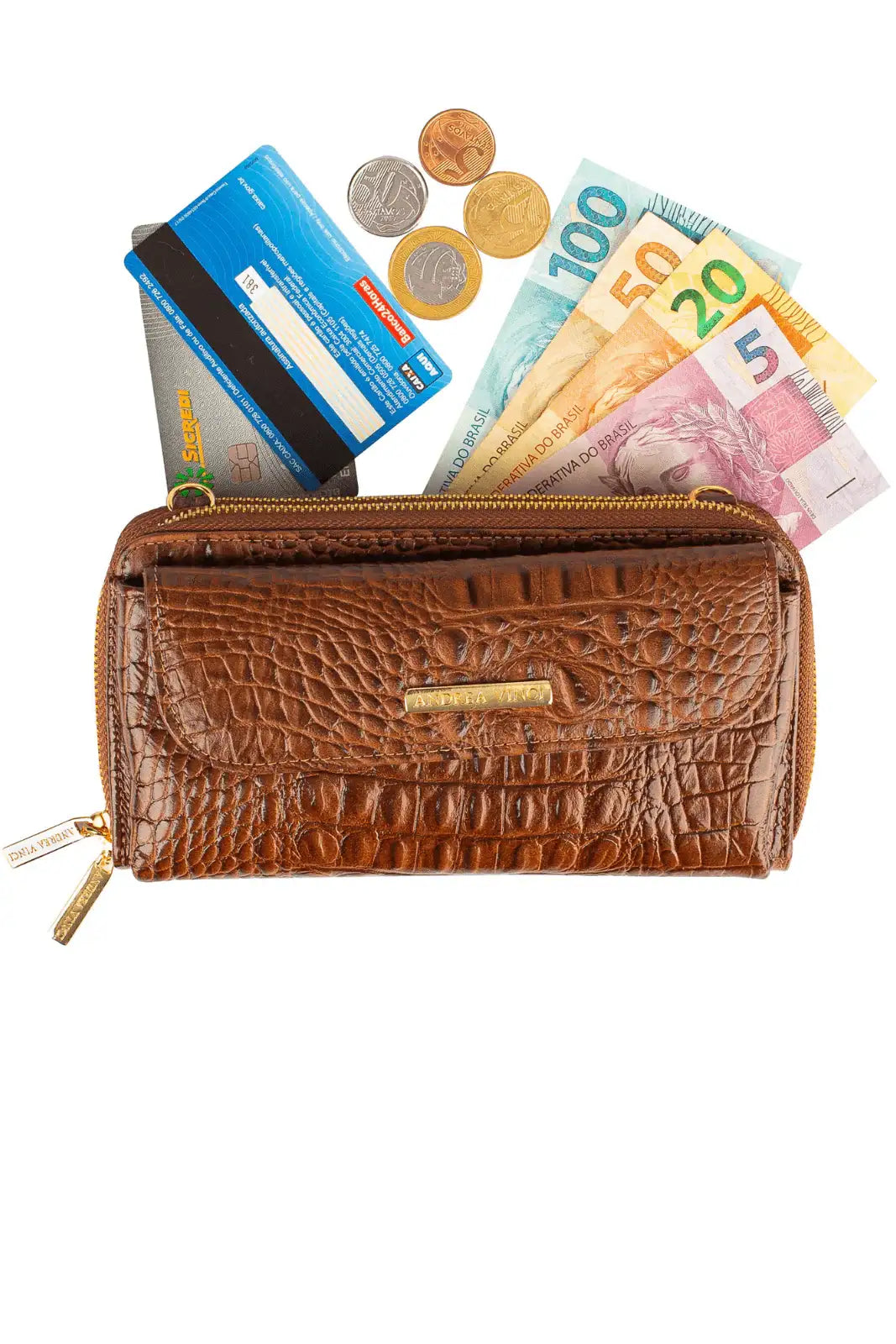 Carteira feminina de couro croco com alça Tania 10,5x19cm - Enluaze