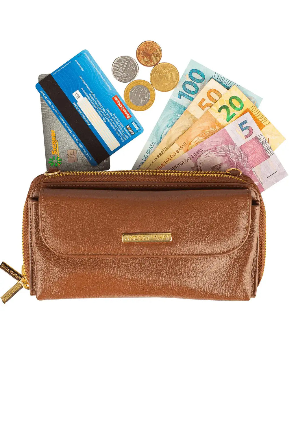 Carteira feminina de couro liso com alça Tania 10,5x19cm - Enluaze