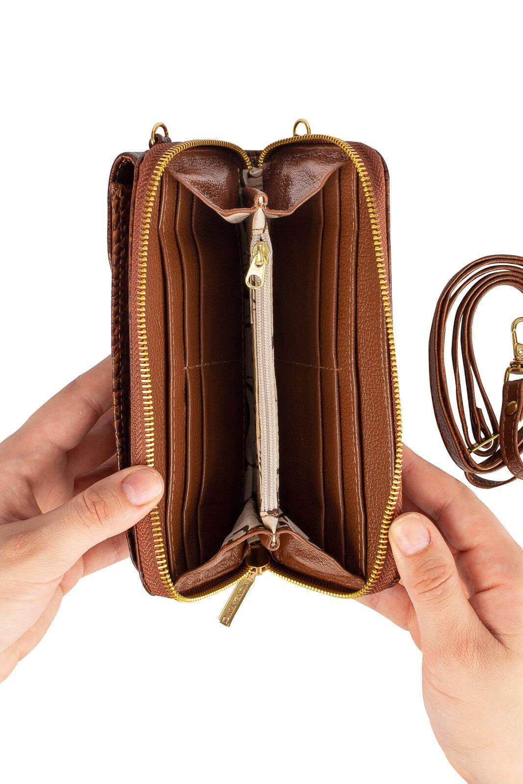 Carteira feminina de couro croco com alça Rafa 19x10,5cm - Enluaze