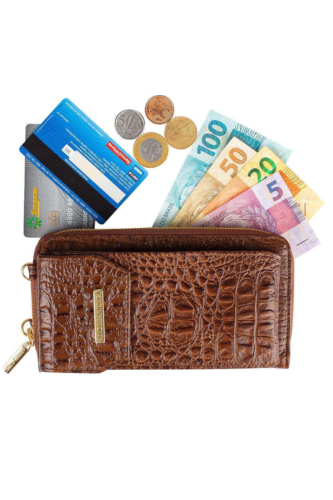 Carteira feminina de couro croco com alça Rafa 19x10,5cm - Enluaze