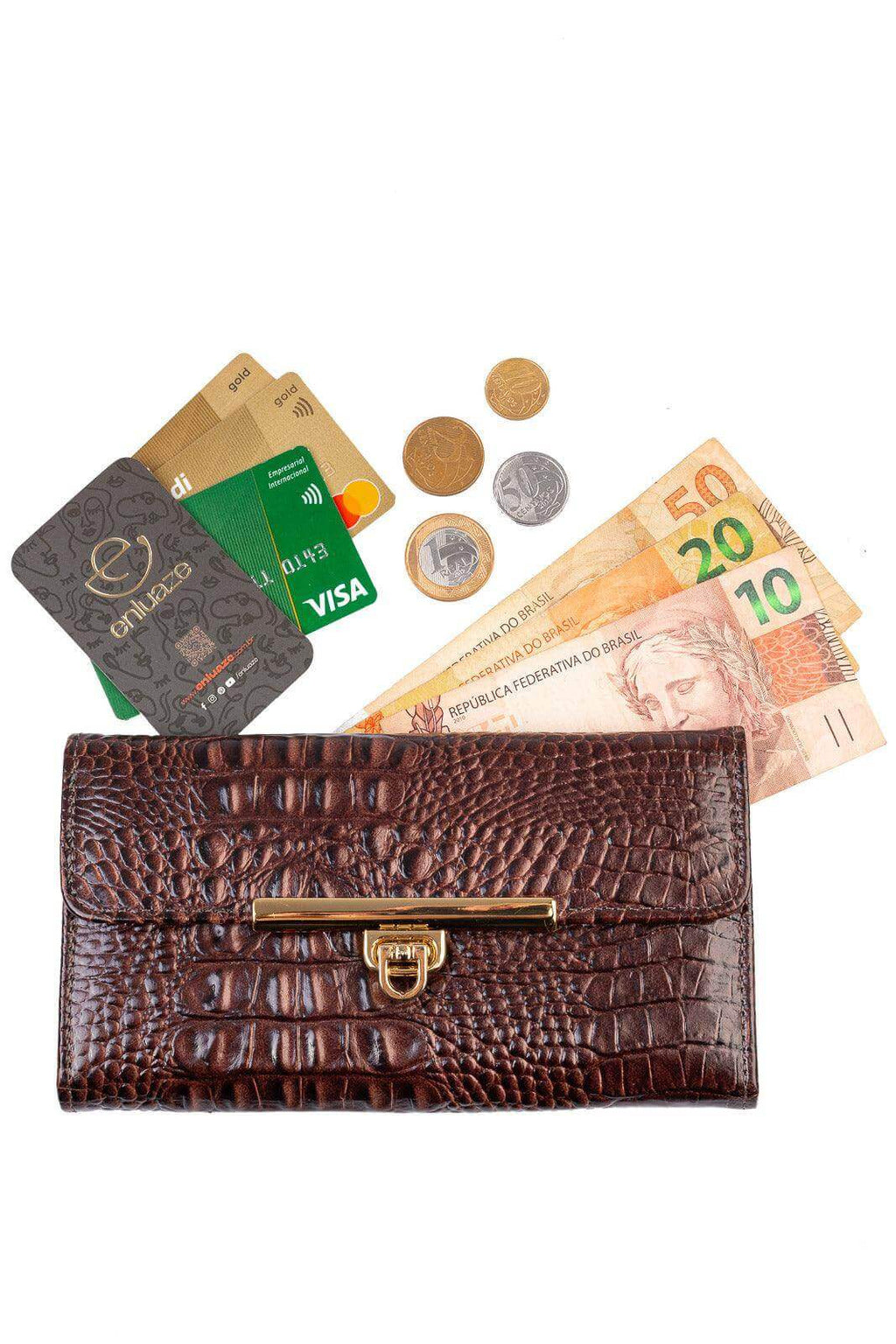 Carteira feminina de couro croco Kate 10,5x19,5cm - Enluaze