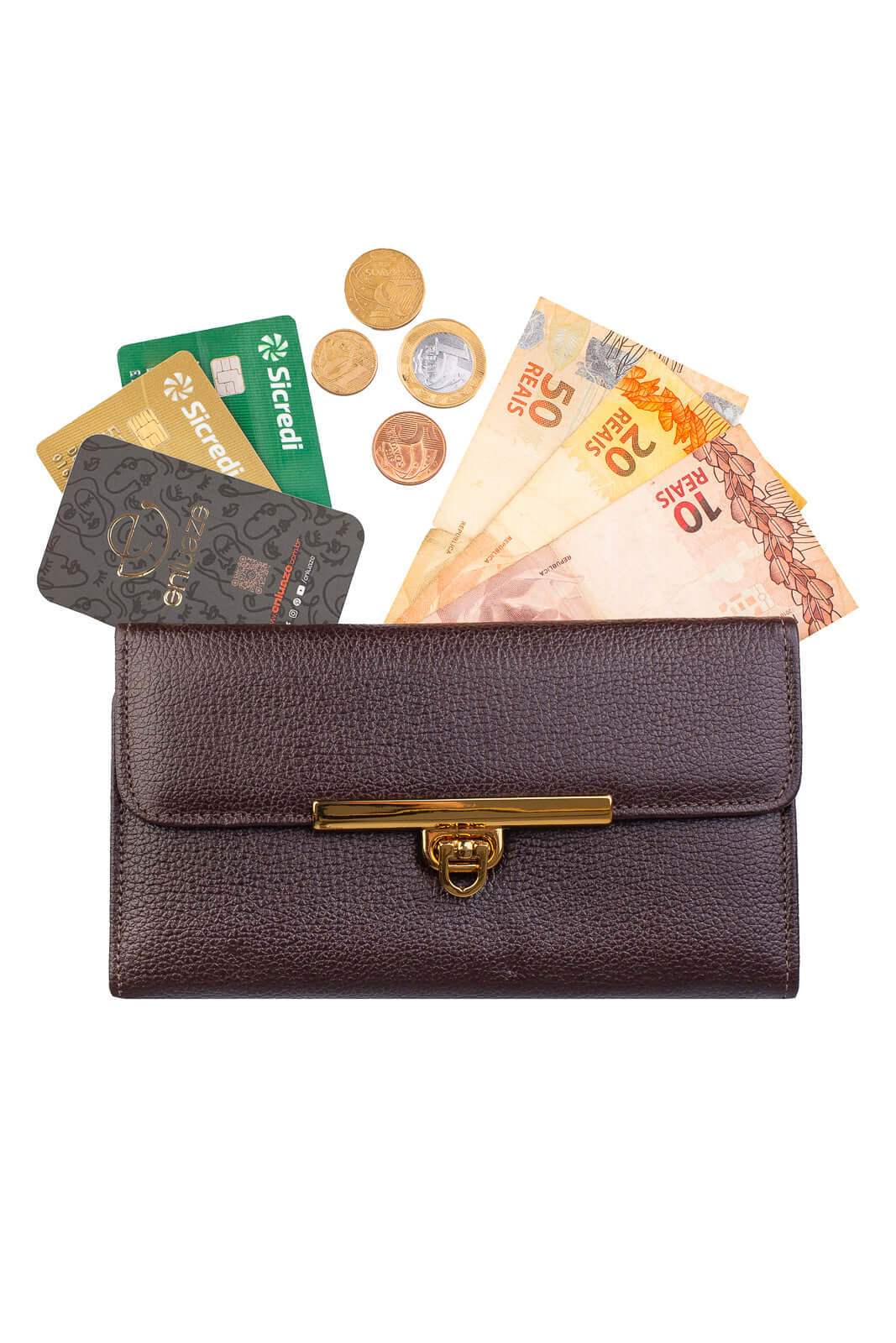 Carteira feminina de couro liso Kate 10,5x19,5cm - Enluaze