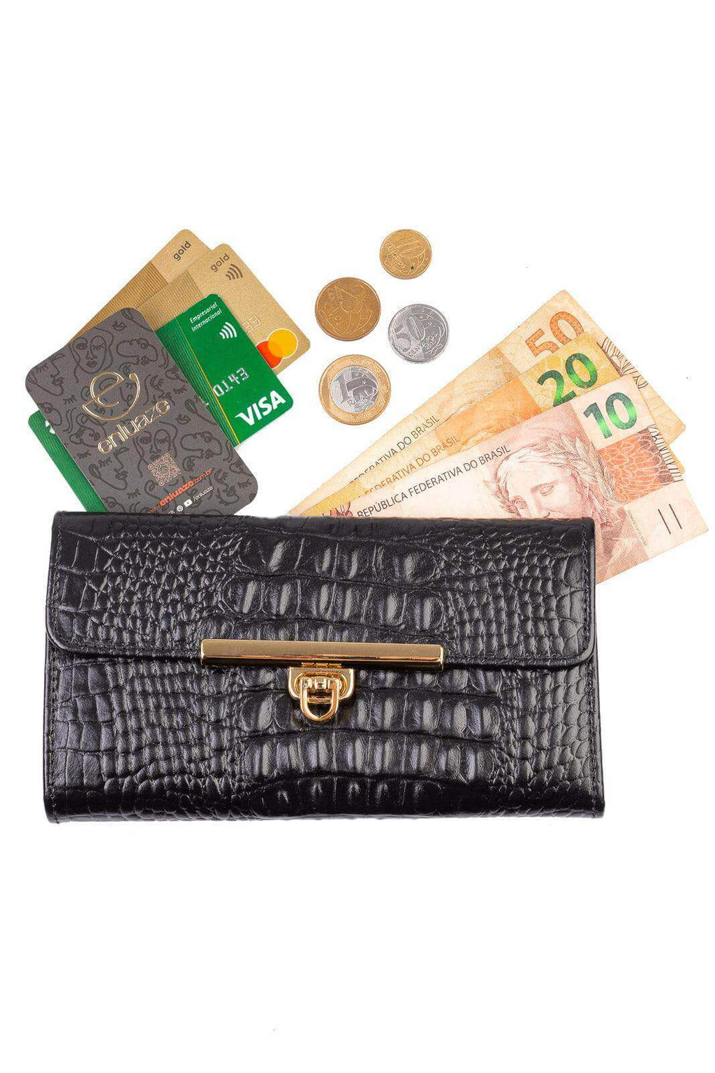 Carteira feminina de couro croco Kate 10,5x19,5cm - Enluaze