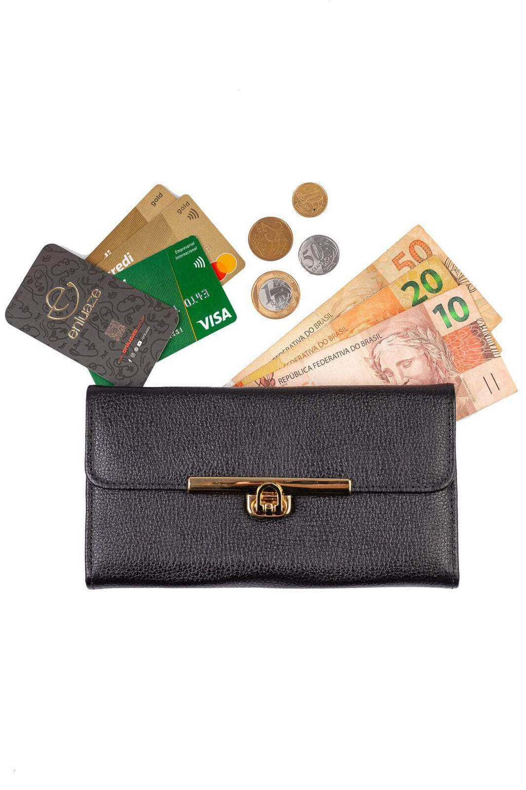 Carteira feminina de couro liso Kate 10,5x19,5cm - Enluaze