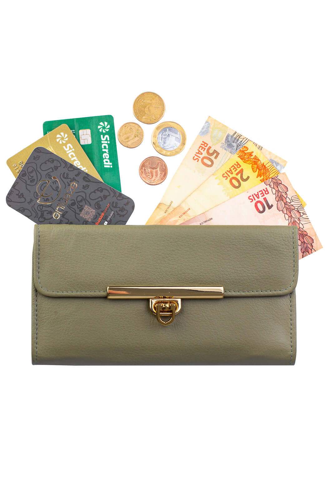 Carteira feminina de couro liso Kate 10,5x19,5cm - Enluaze