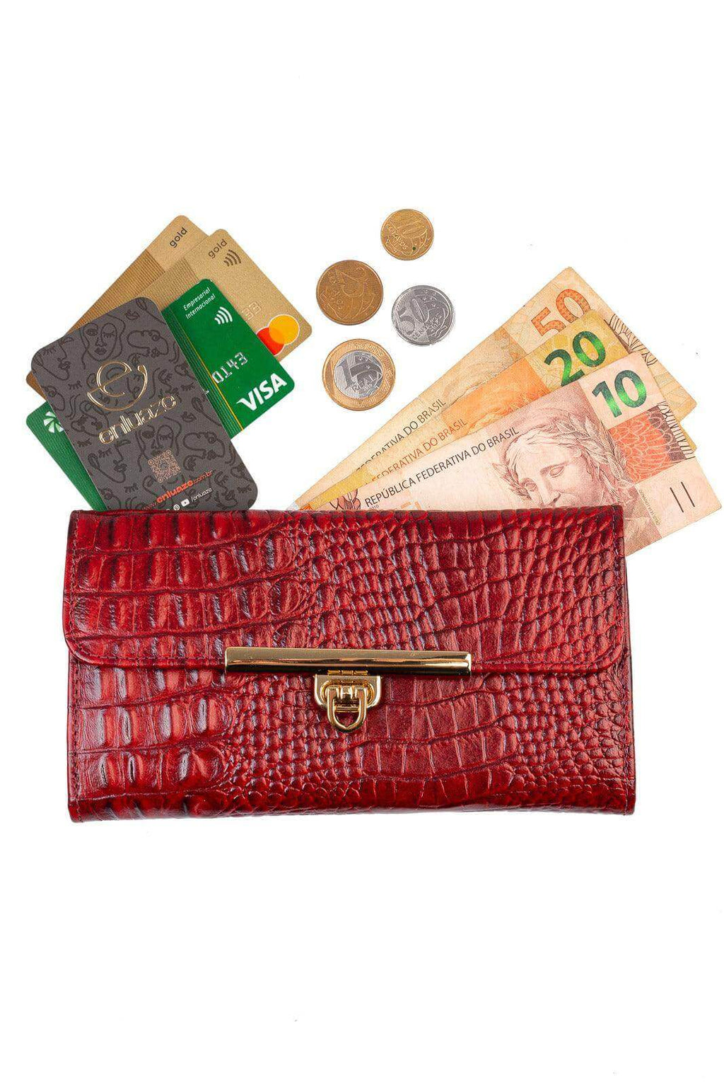 Carteira feminina de couro croco Kate 10,5x19,5cm - Enluaze