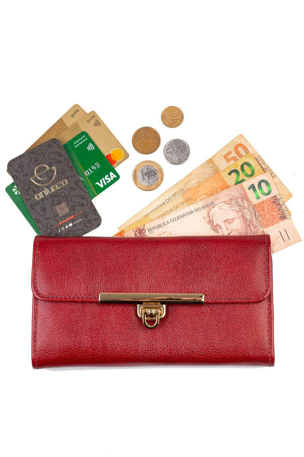 Carteira feminina de couro liso Kate 10,5x19,5cm - Enluaze