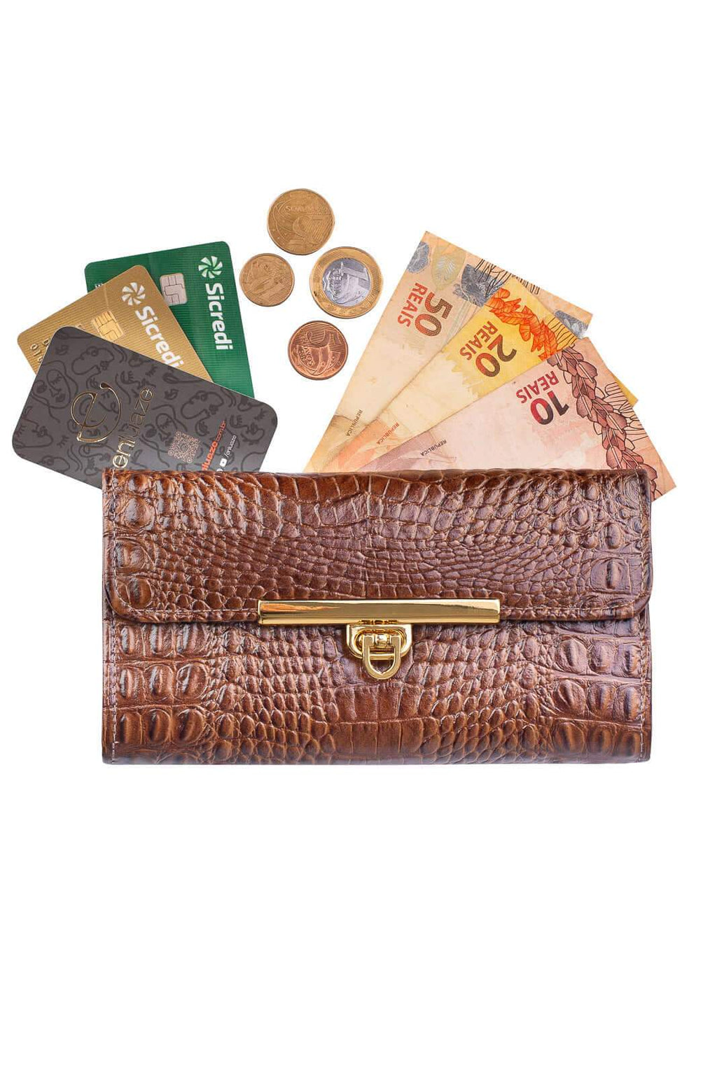 Carteira feminina de couro croco Kate 10,5x19,5cm - Enluaze