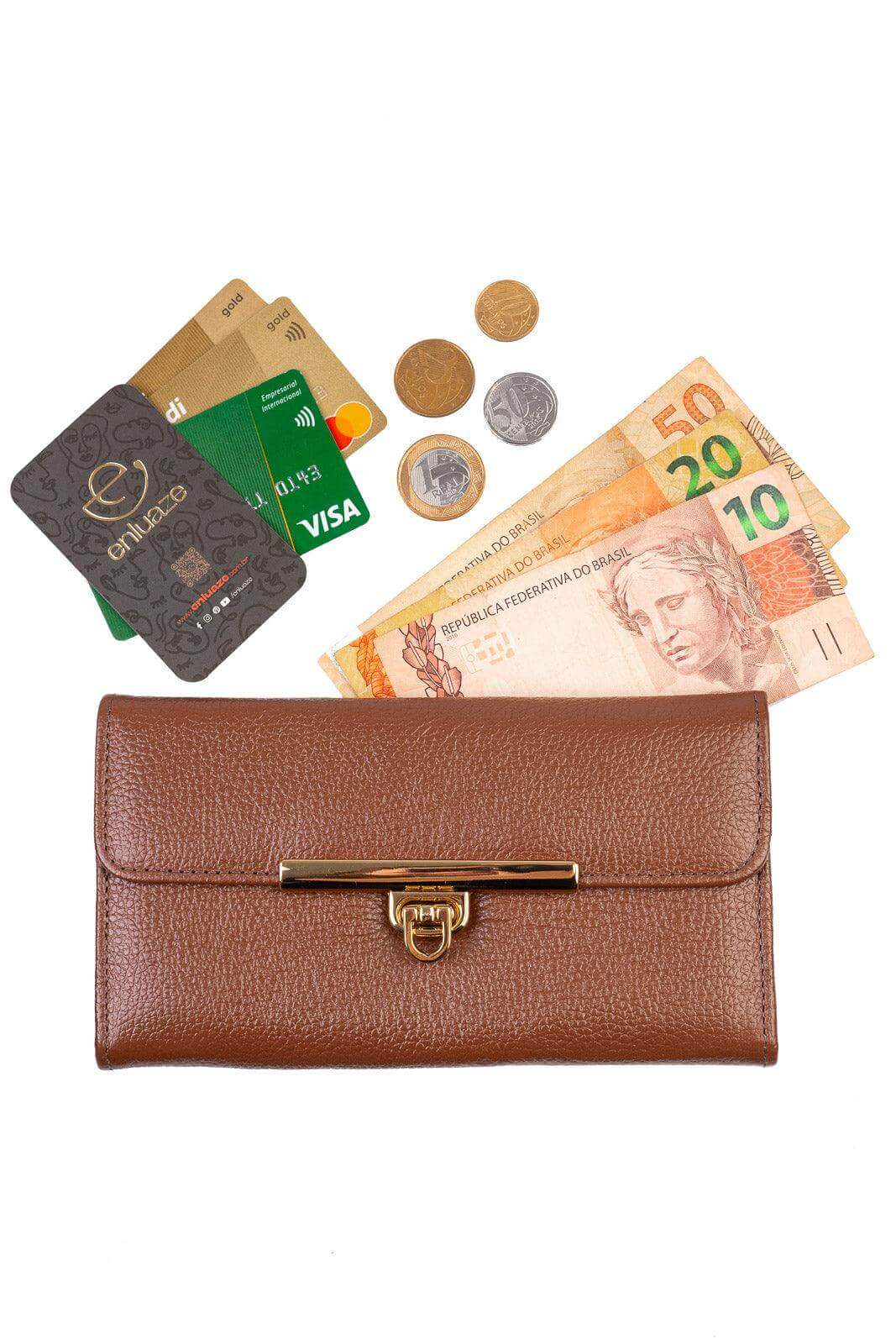 Carteira feminina de couro liso Kate 10,5x19,5cm - Enluaze