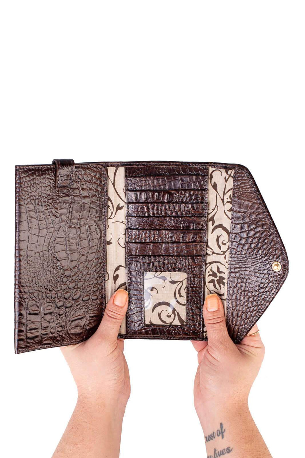Carteira feminina de couro croco Clara 10,5x19cm - Enluaze
