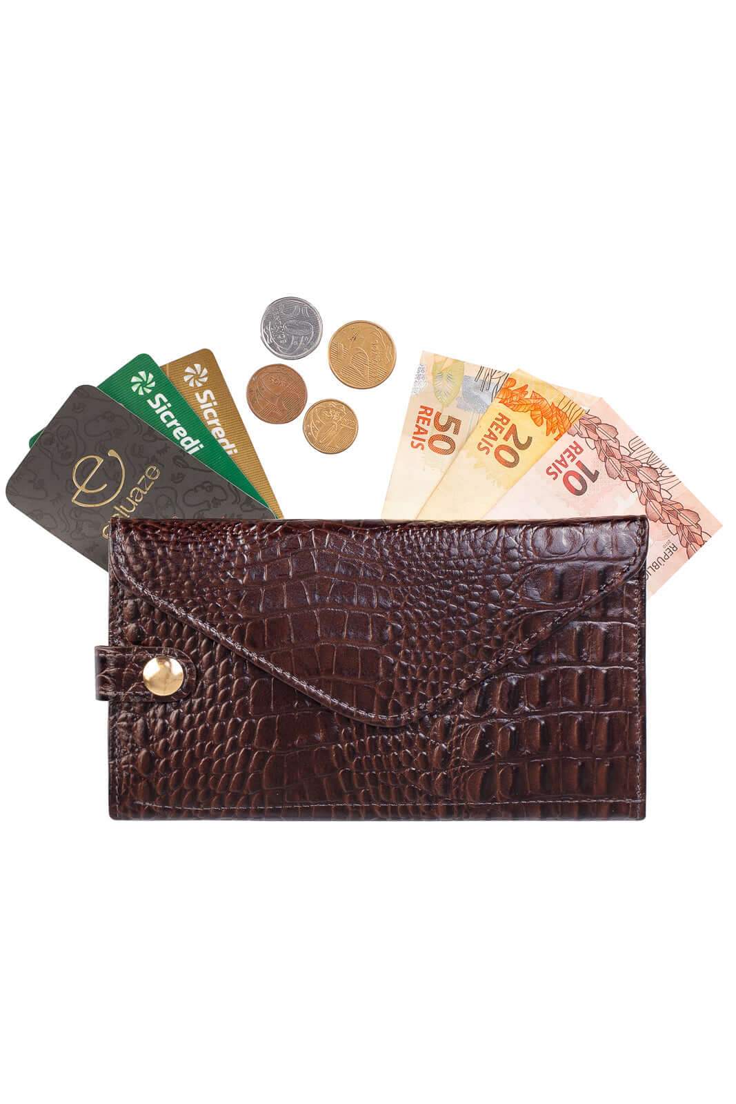 Carteira feminina de couro croco Clara 10,5x19cm - Enluaze