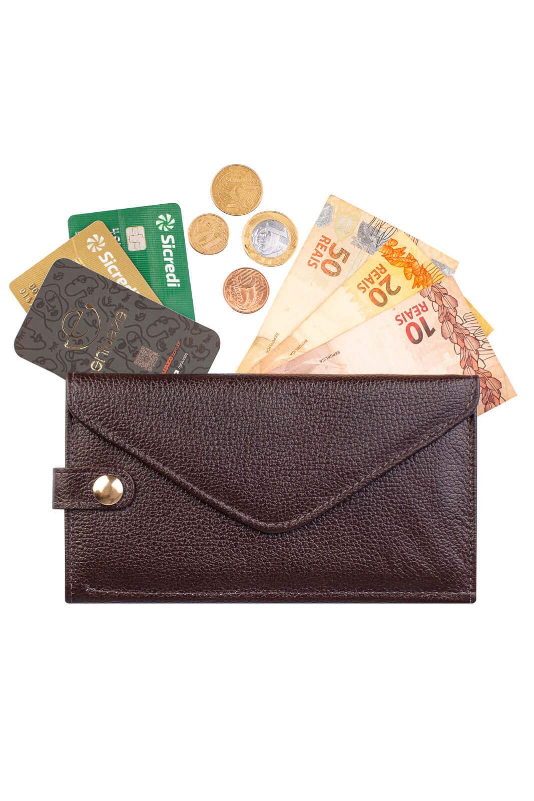 Carteira feminina de couro liso Clara 10,5x19cm - Enluaze