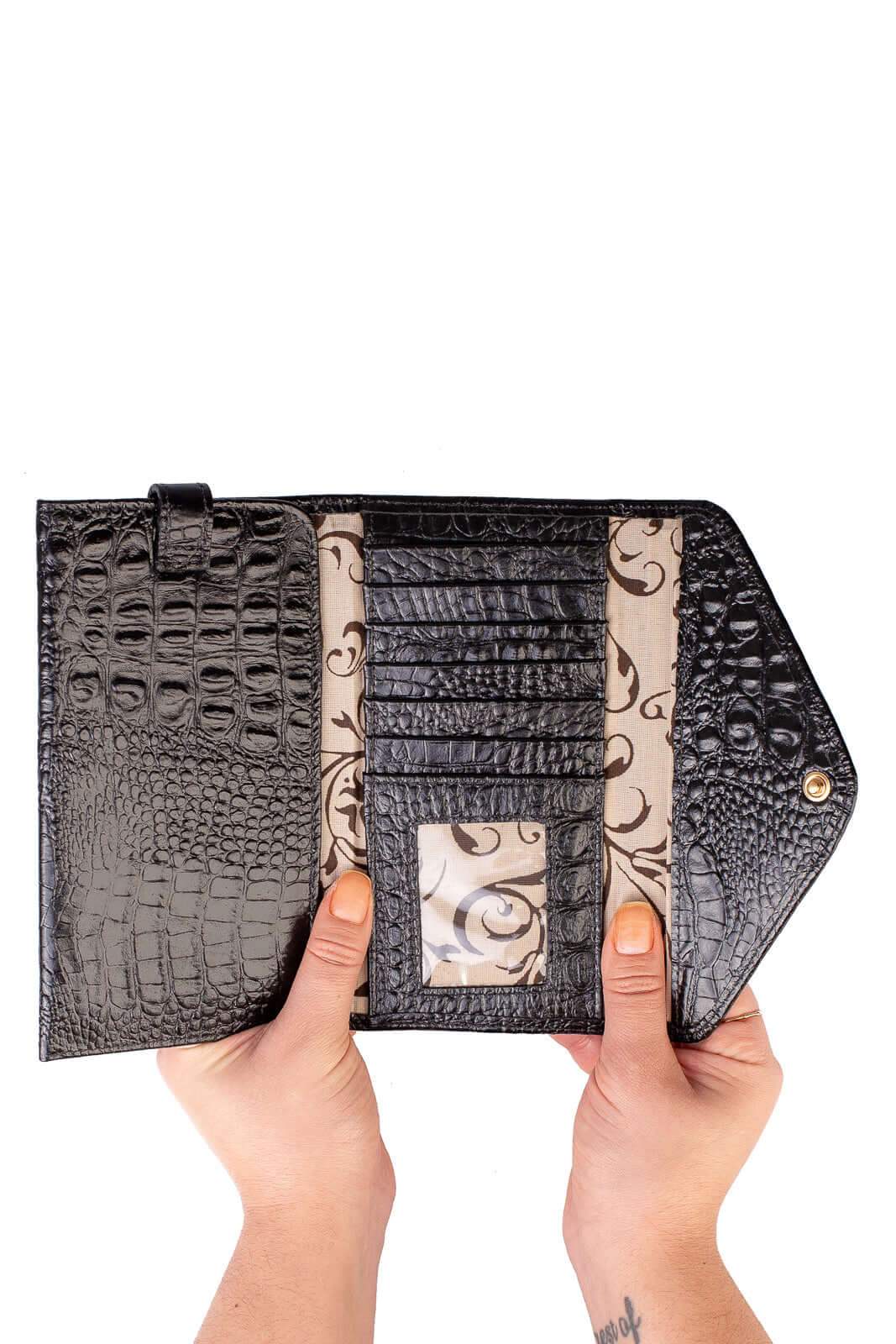 Carteira feminina de couro croco Clara 10,5x19cm - Enluaze
