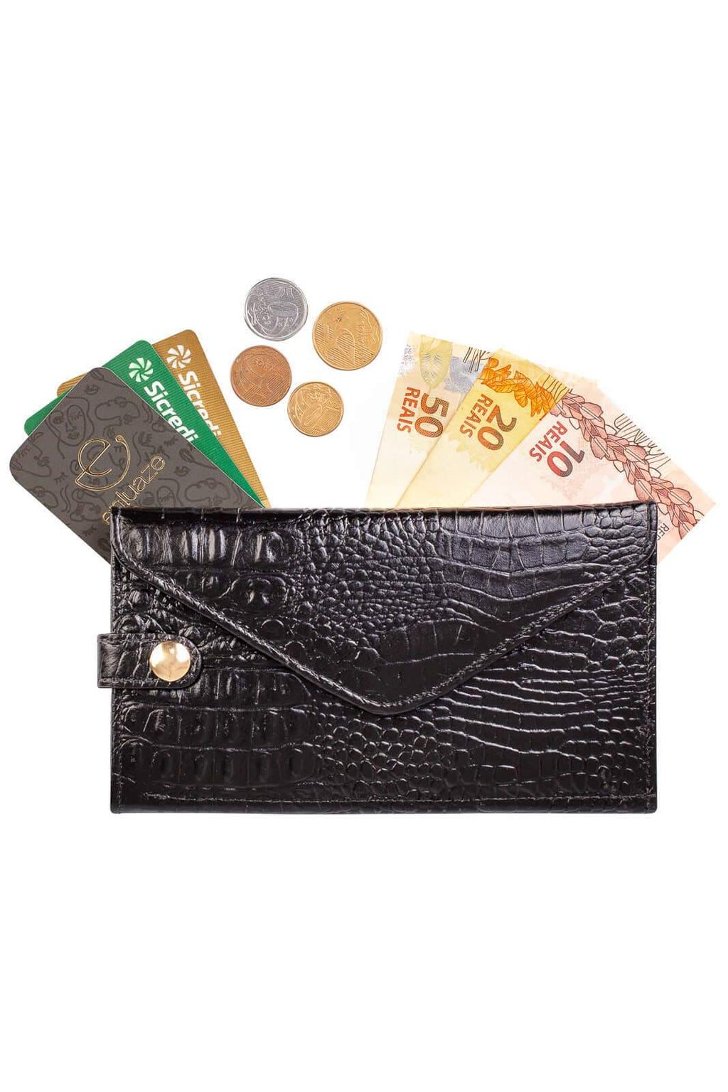 Carteira feminina de couro croco Clara 10,5x19cm - Enluaze