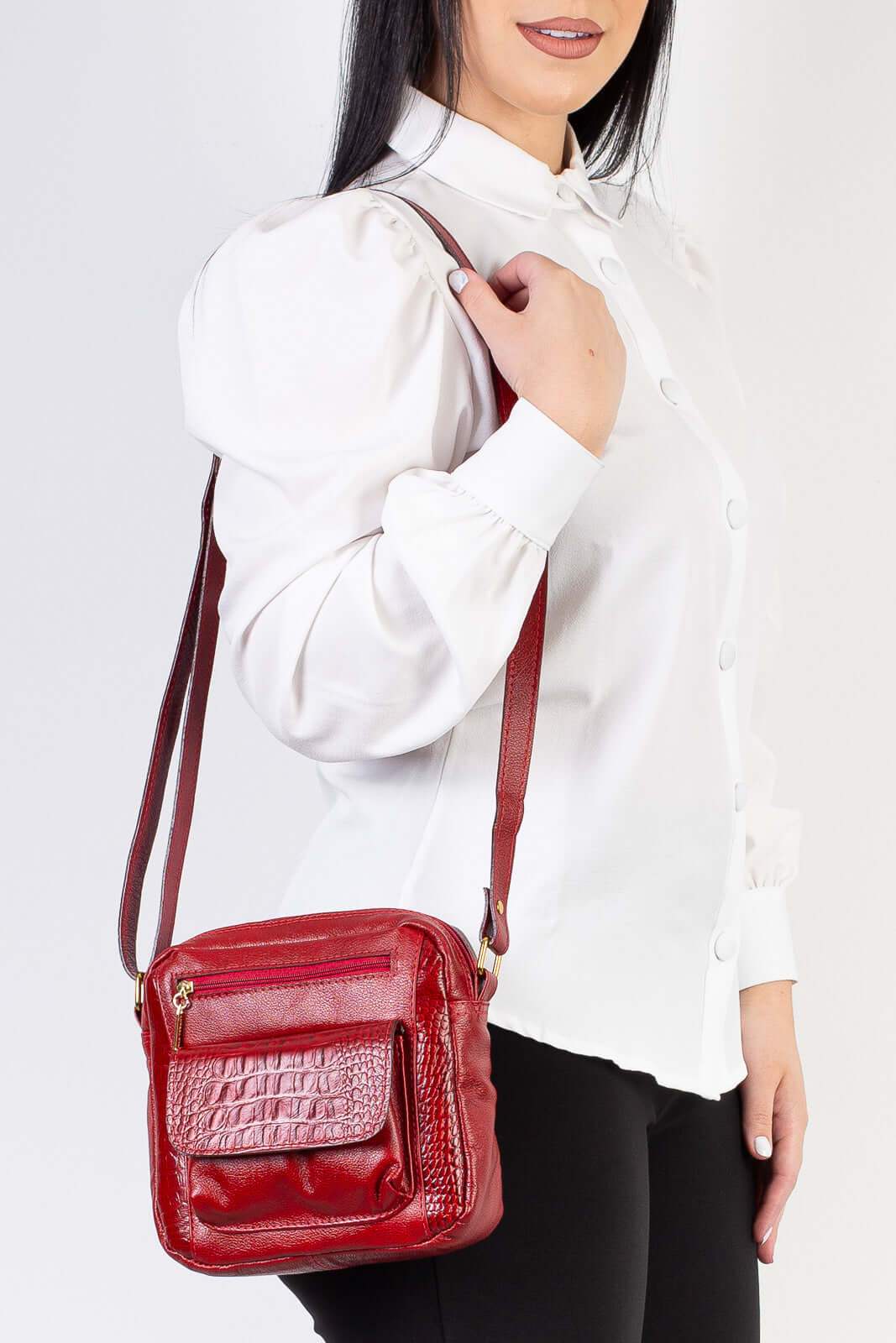 Bolsa transversal pequena de couro croco Clarice - Enluaze